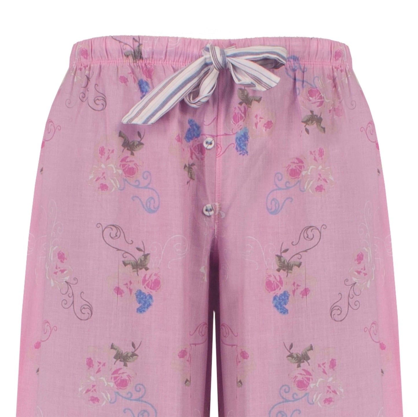 Roze pyjamabroek met bloemenprint, elastische tailleband en gestreept lint als aantrekkoord