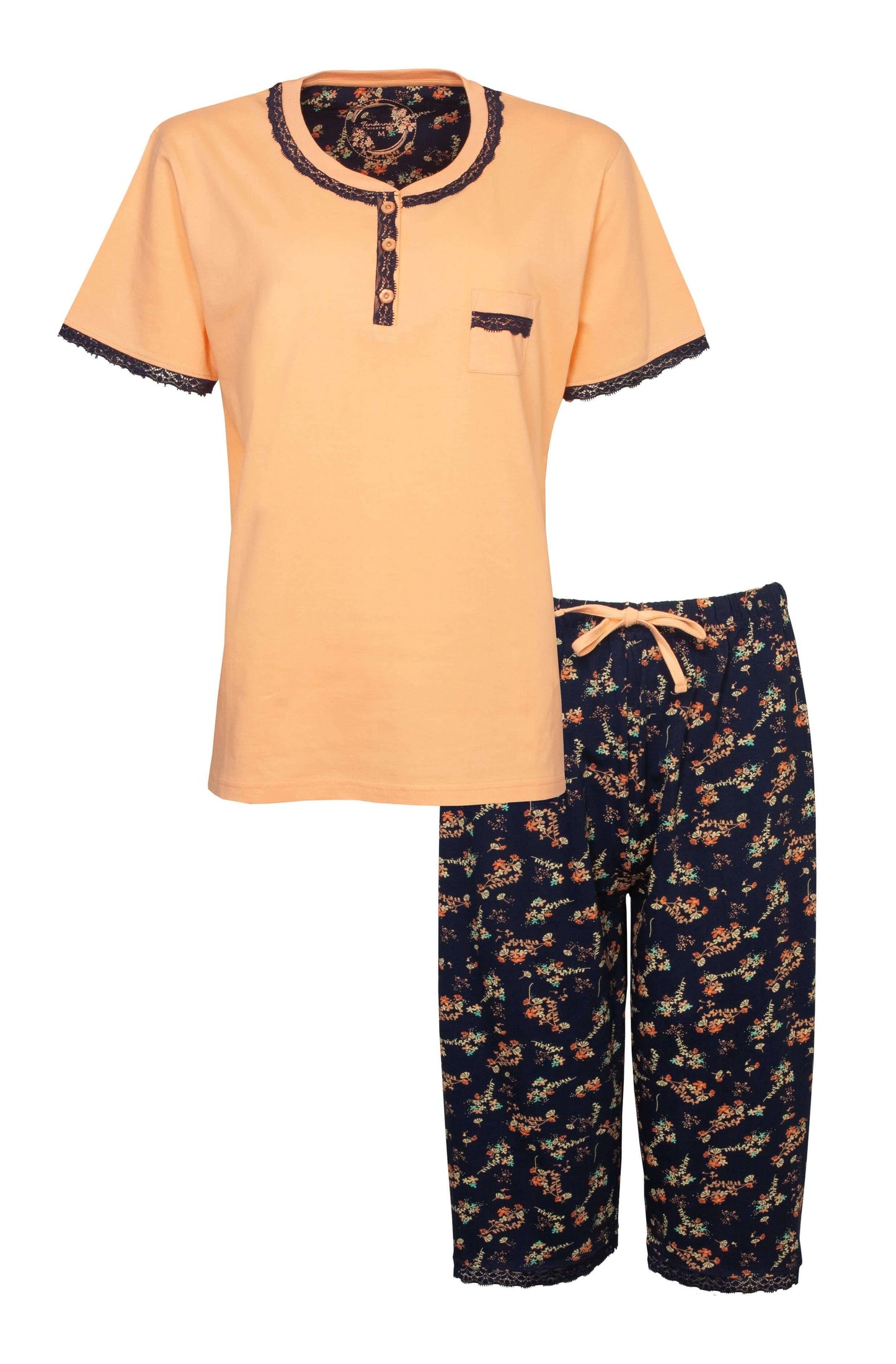 Gele katoenen pyjama top met korte mouwen en blauwe broek met bloemenprint, afgewerkt met kant