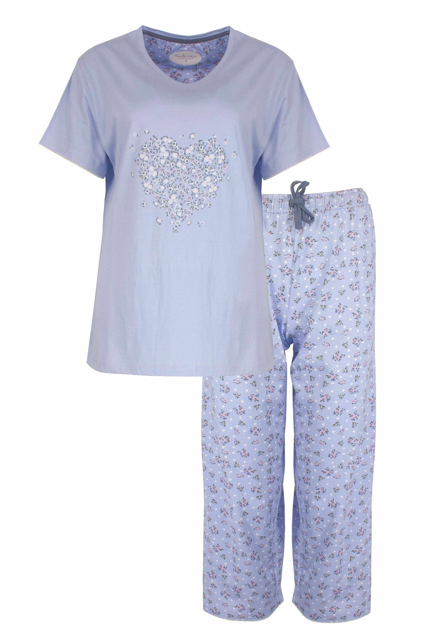Lichtblauwe katoenen dames pyjama met bloemenhartek en T-shirt met hartvormig bloemenpatroon