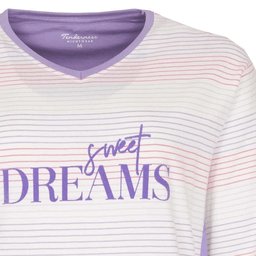 Paarse dames pyjama top met wit-roze strepen en 'Sweet Dreams' opdruk, V-hals en lange mouwen