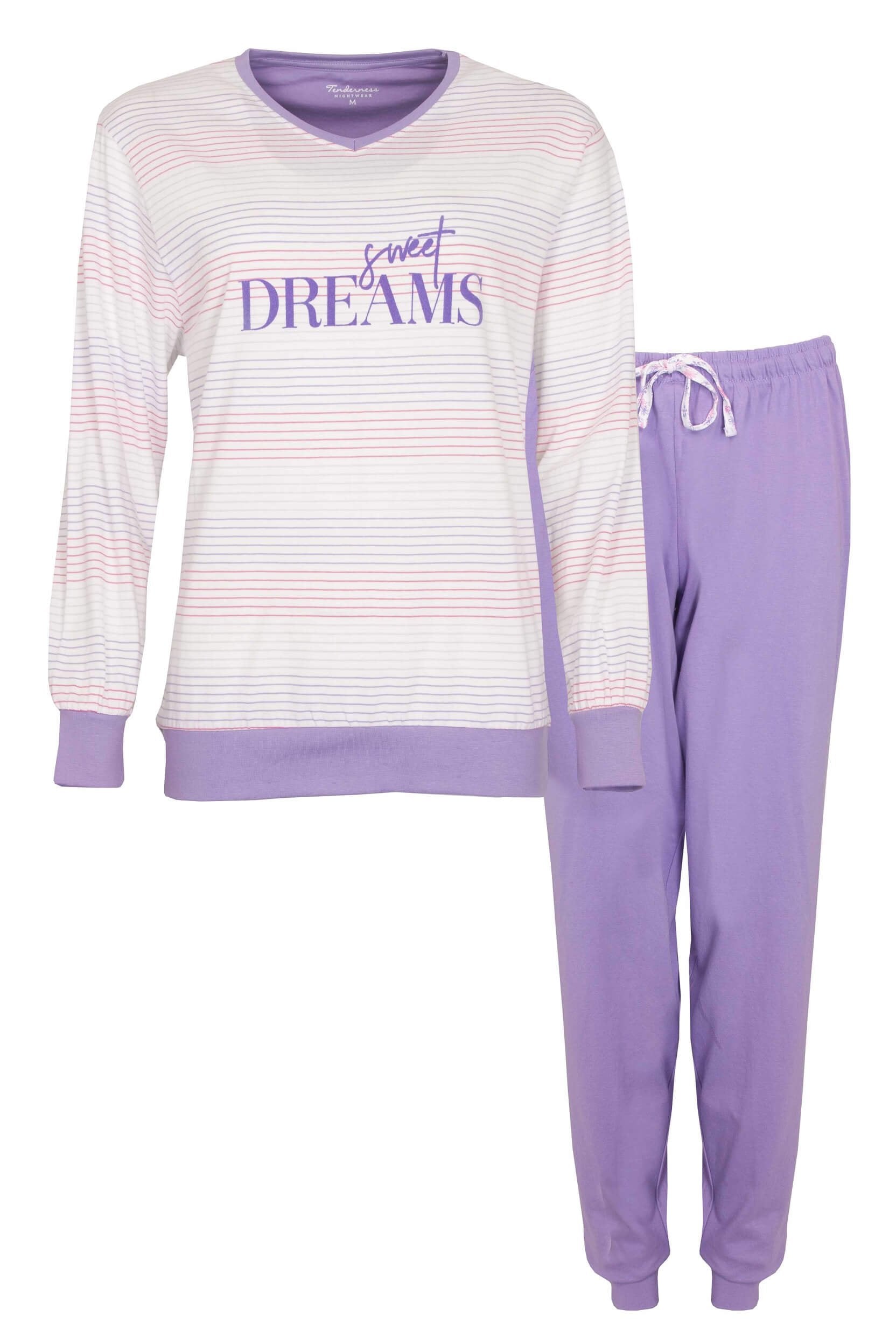 Paarse katoenen dames pyjama met gestreepte top met 'Sweet Dreams' opdruk en effen lange broek met trekkoord.