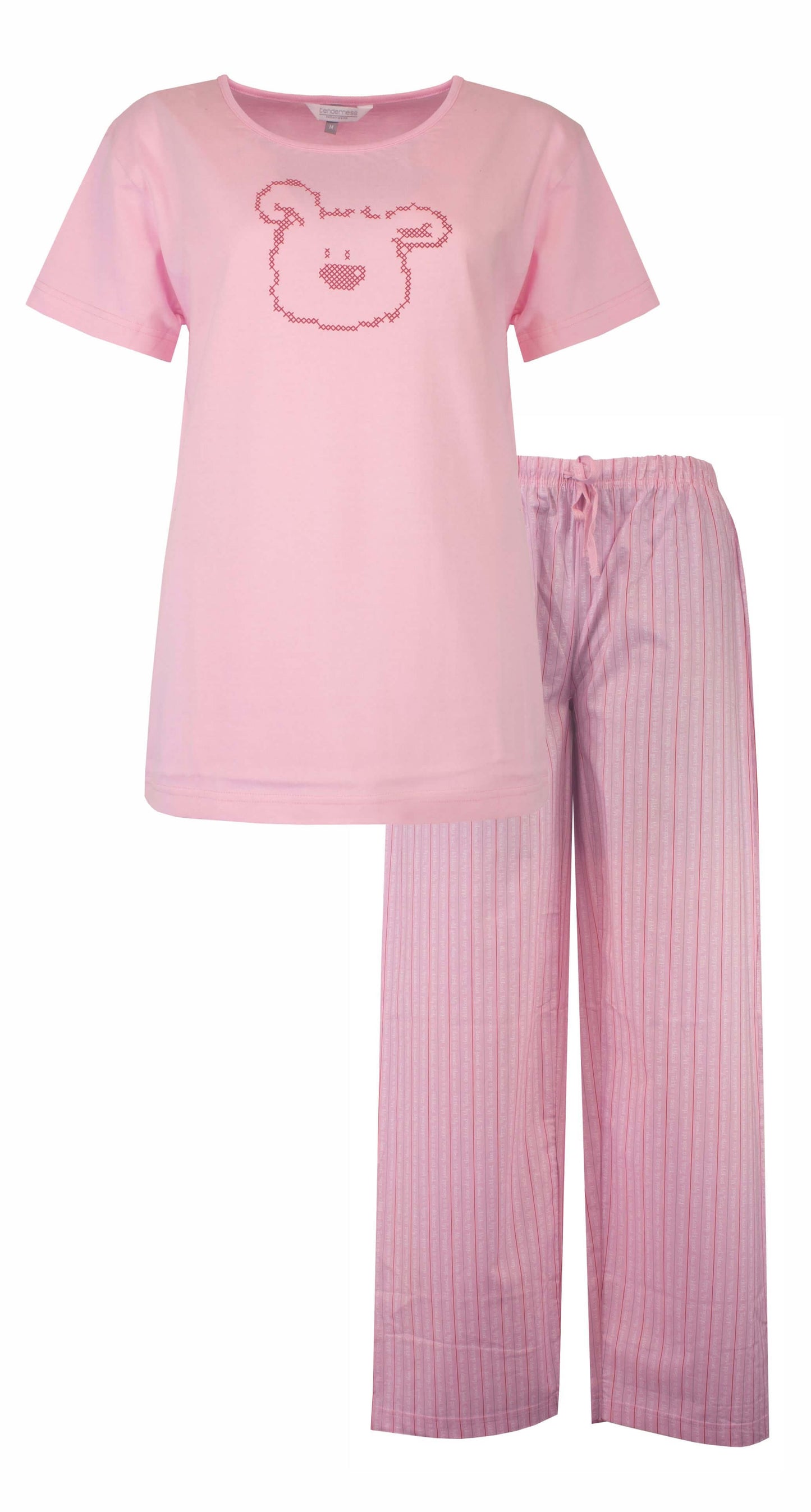 Roze katoenen pyjama met korte mouwen en berenprint, lange gestreepte broek en elastische tailleband