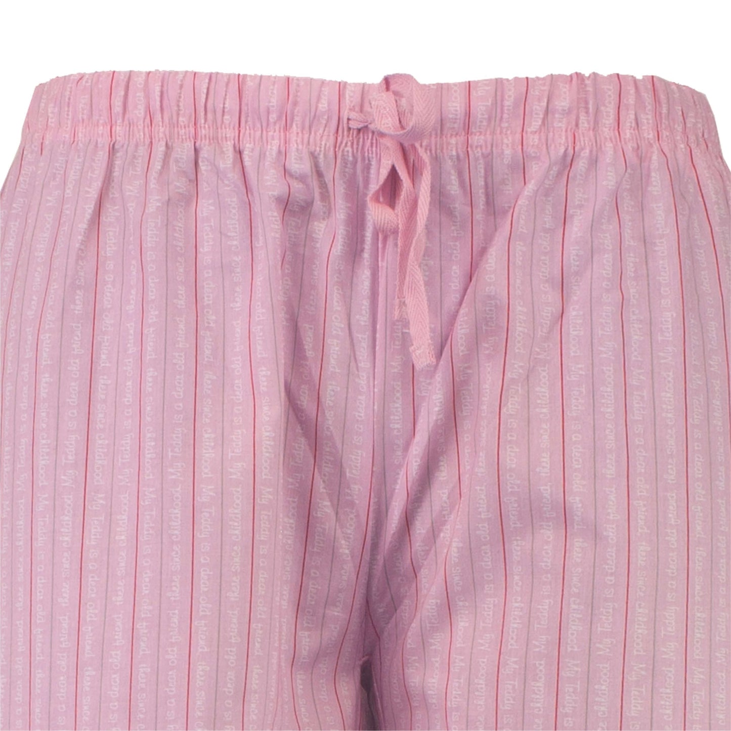 Roze gestreepte pyjamabroek met elastische tailleband en trekkoord, gemaakt van katoen poplin stof.