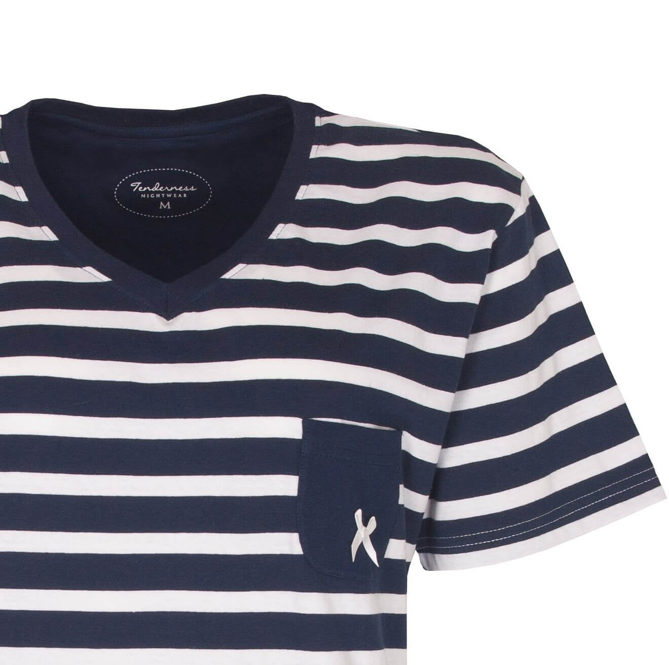 Blauw-wit gestreepte dames pyjama met korte mouwen, V-hals en borstzakje met klein logo