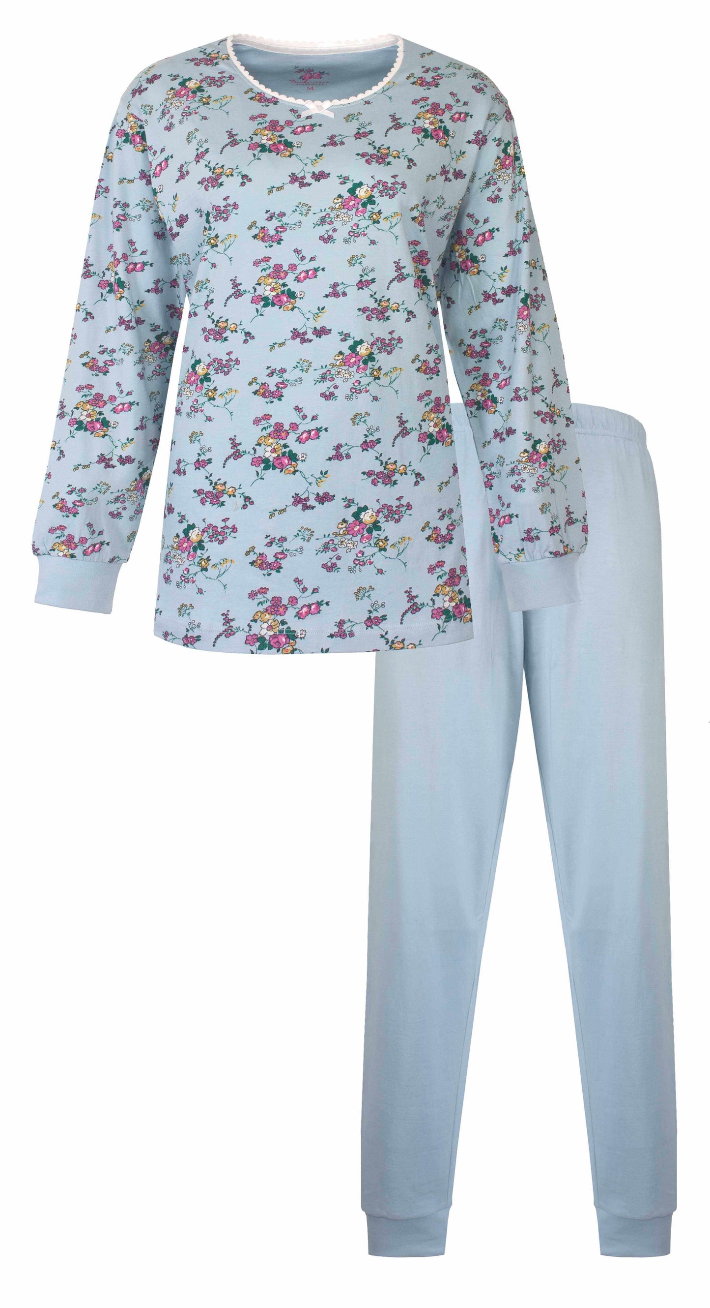 Mint blauwe dames pyjama met lange mouwen, bloemenprint op shirt en effen broek van Tenderness.