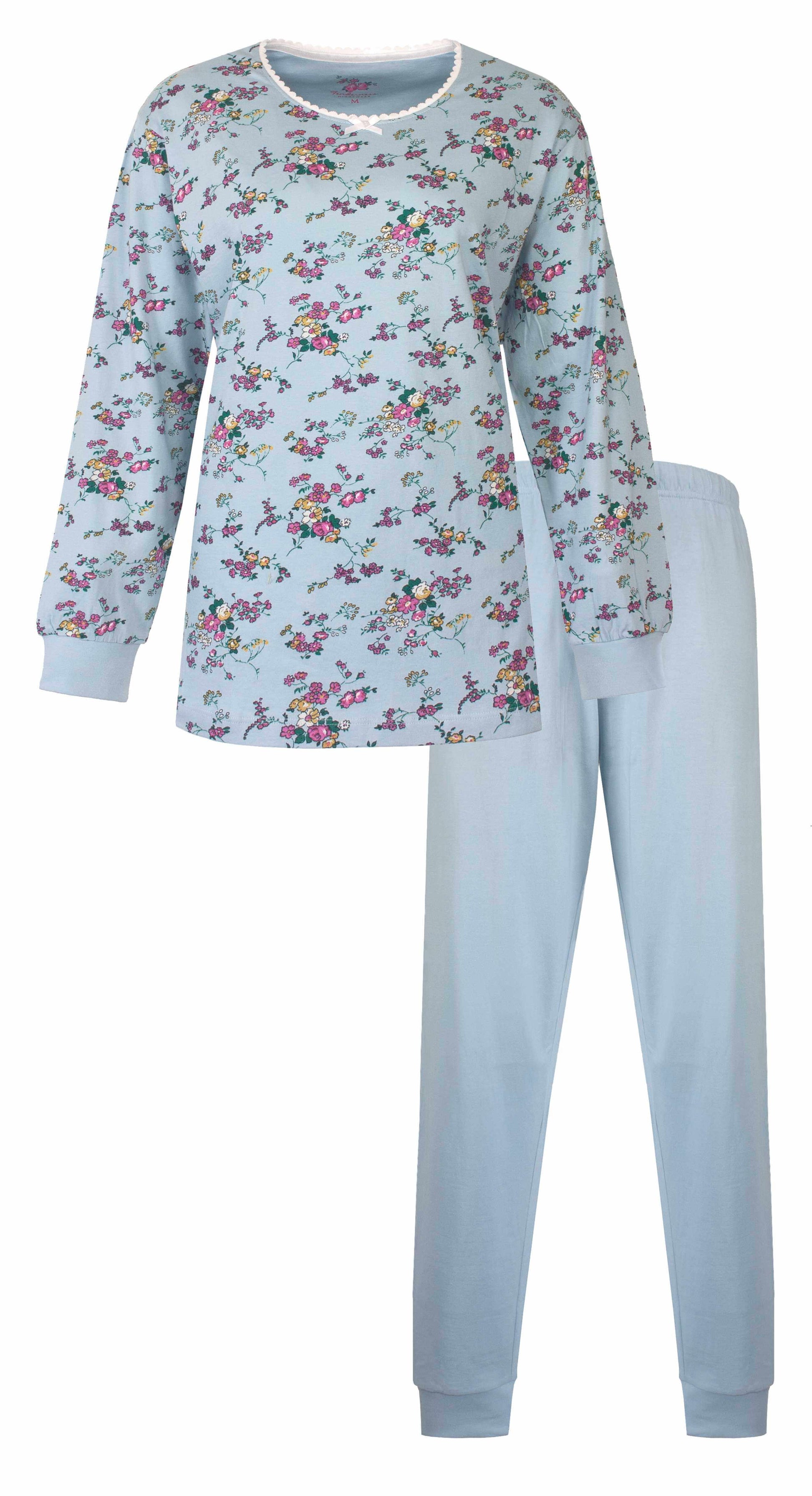 Mint blauwe dames pyjama met lange mouwen, bloemenprint op shirt en effen broek van Tenderness.