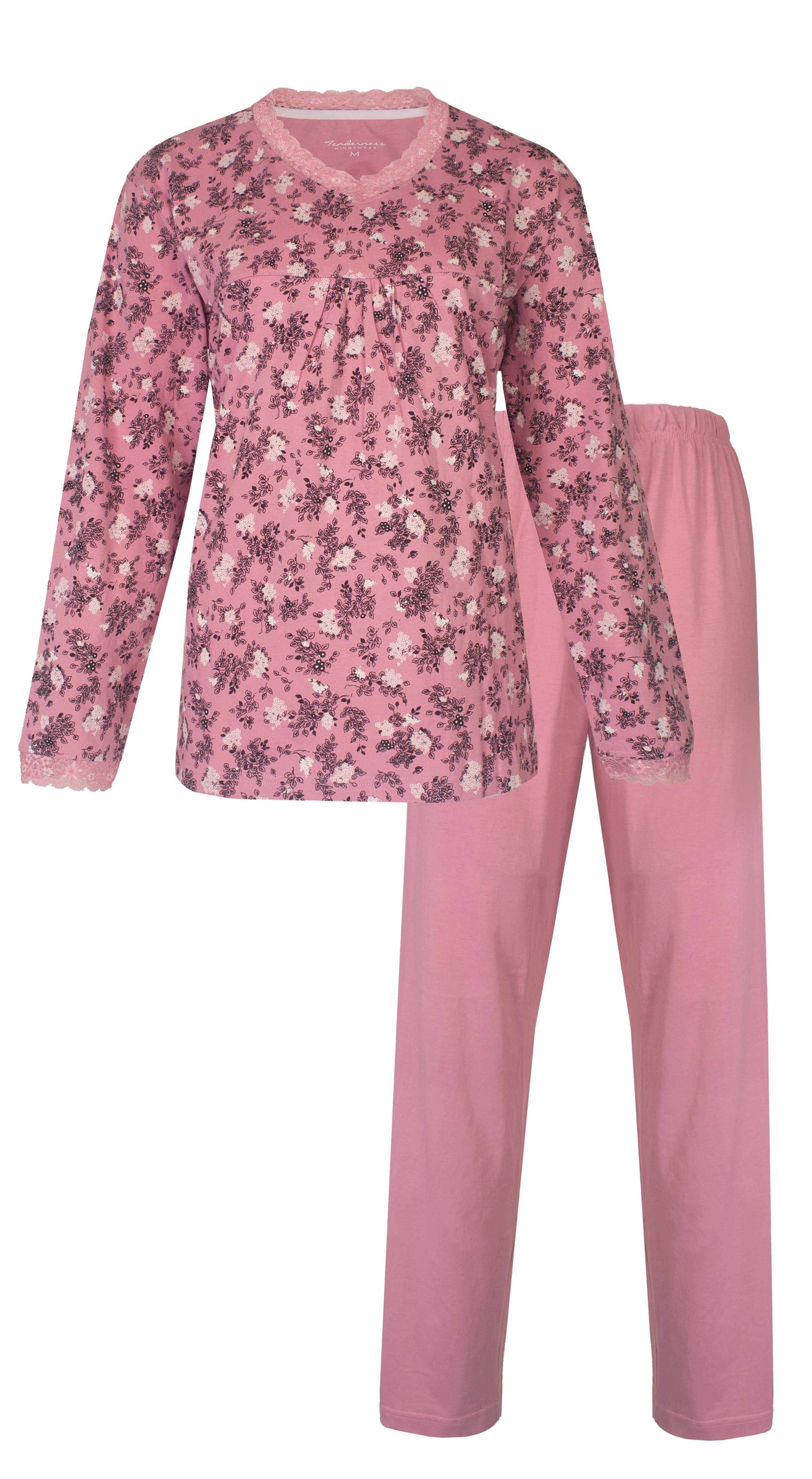 Roze dames pyjama met lange mouwen en bloemenprint, bestaande uit een top en effen broek