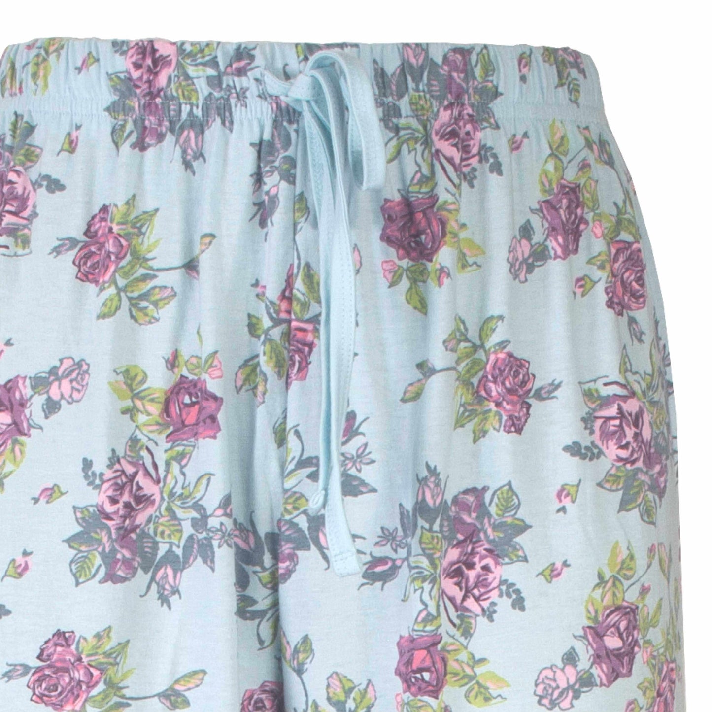 Lichtblauwe pyjamabroek met roze bloemenprint en een trekkoord in de taille