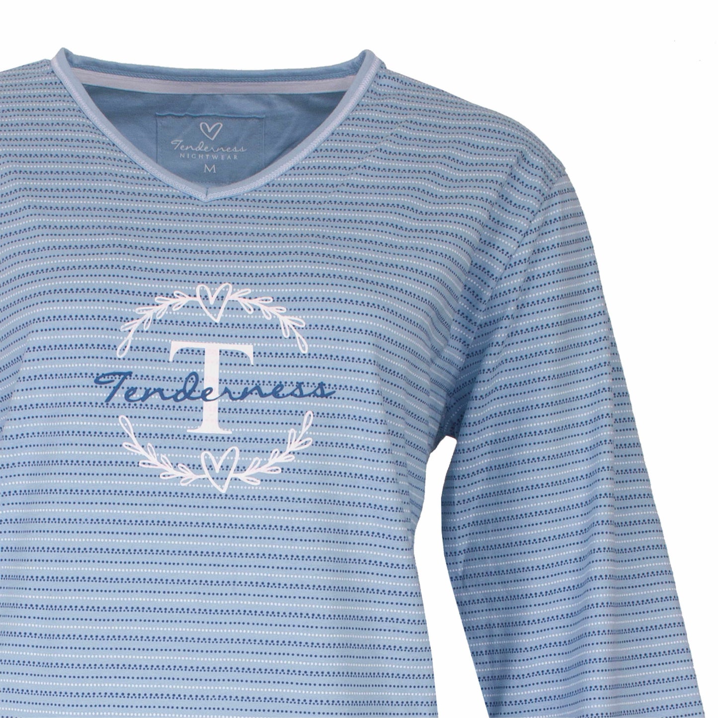 Lichtblauwe gestreepte dames pyjama top met Tenderness logo, V-hals en lange mouwen