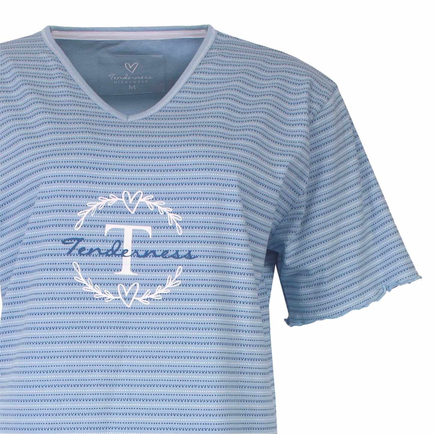 Lichtblauwe gestreepte dames pyjama top met 'Tenderness' logo en korte mouwen