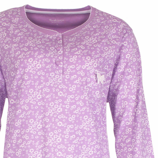 Paarse pyjama top met witte bloemetjesprint, knoopsluiting en lange mouwen van Tenderness