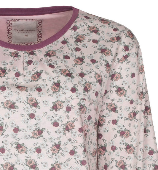 Roze pyjama top met kleine bloemenprint in rood en zalm, paarse halsboord, merk Tenderness, maat M
