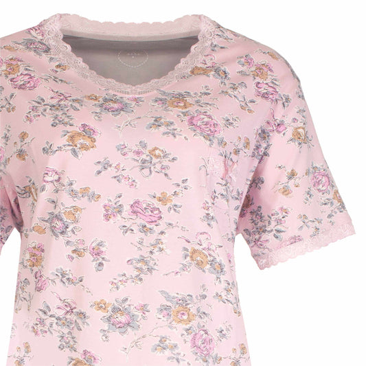 Roze pyjama topames pyjama top met korte mouwen, versierd met delicate bloemetjesprint en kanten randen langs bij de hals
