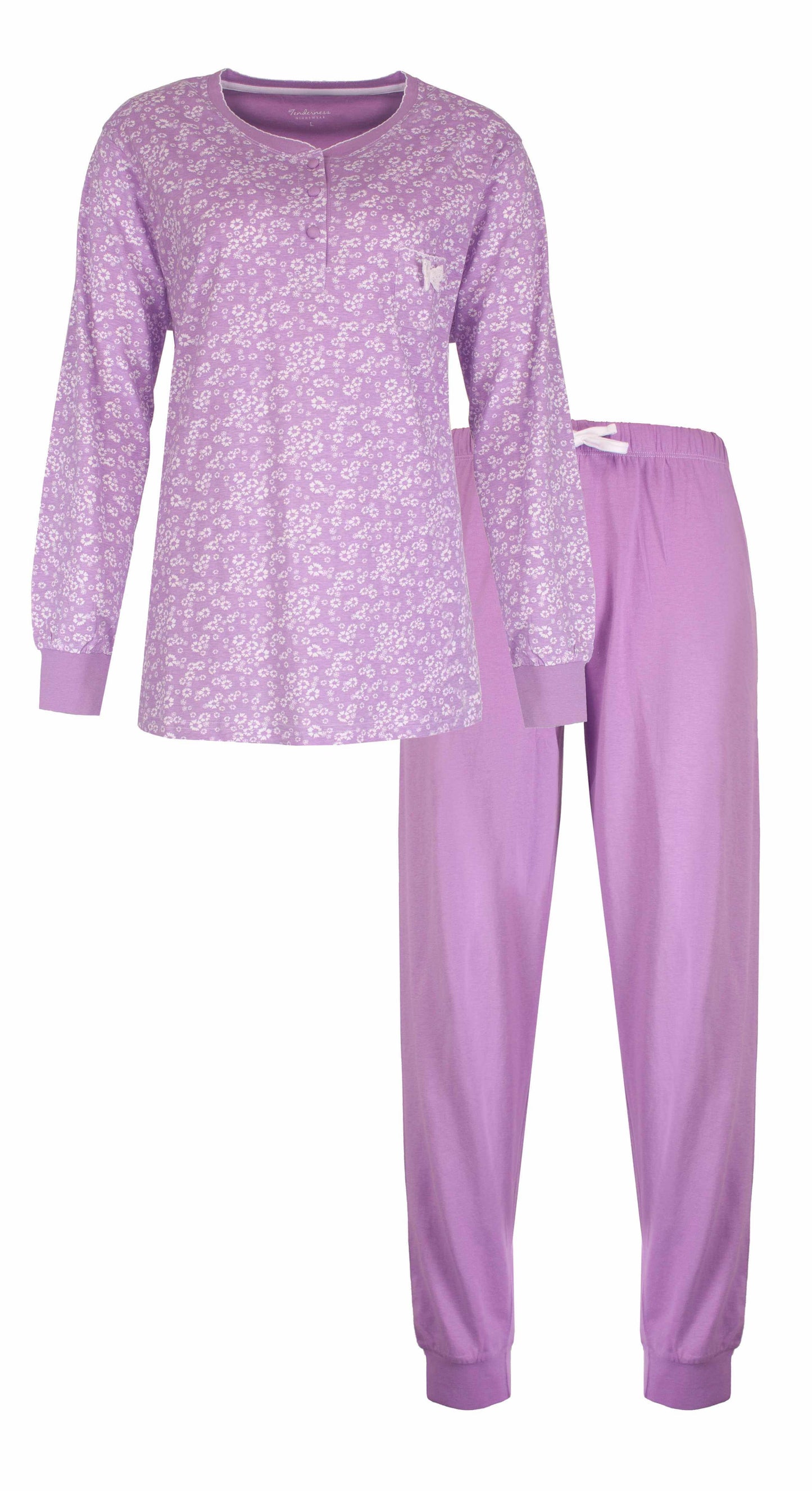 Paarse dames pyjama set met bloemetjesprint, bestaande uit een lange broek en een shirt met lange mouwen