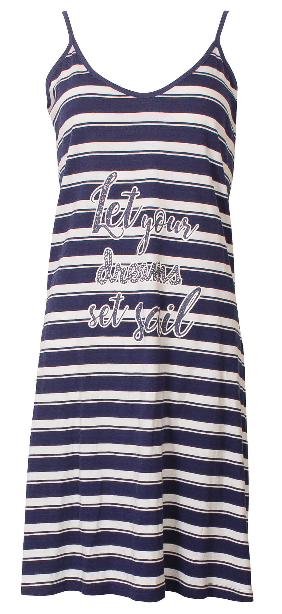 Gestreept donkerblauw nachthemd met spaghettibandjes en 'let your dreams set sail' tekst op de voorkant