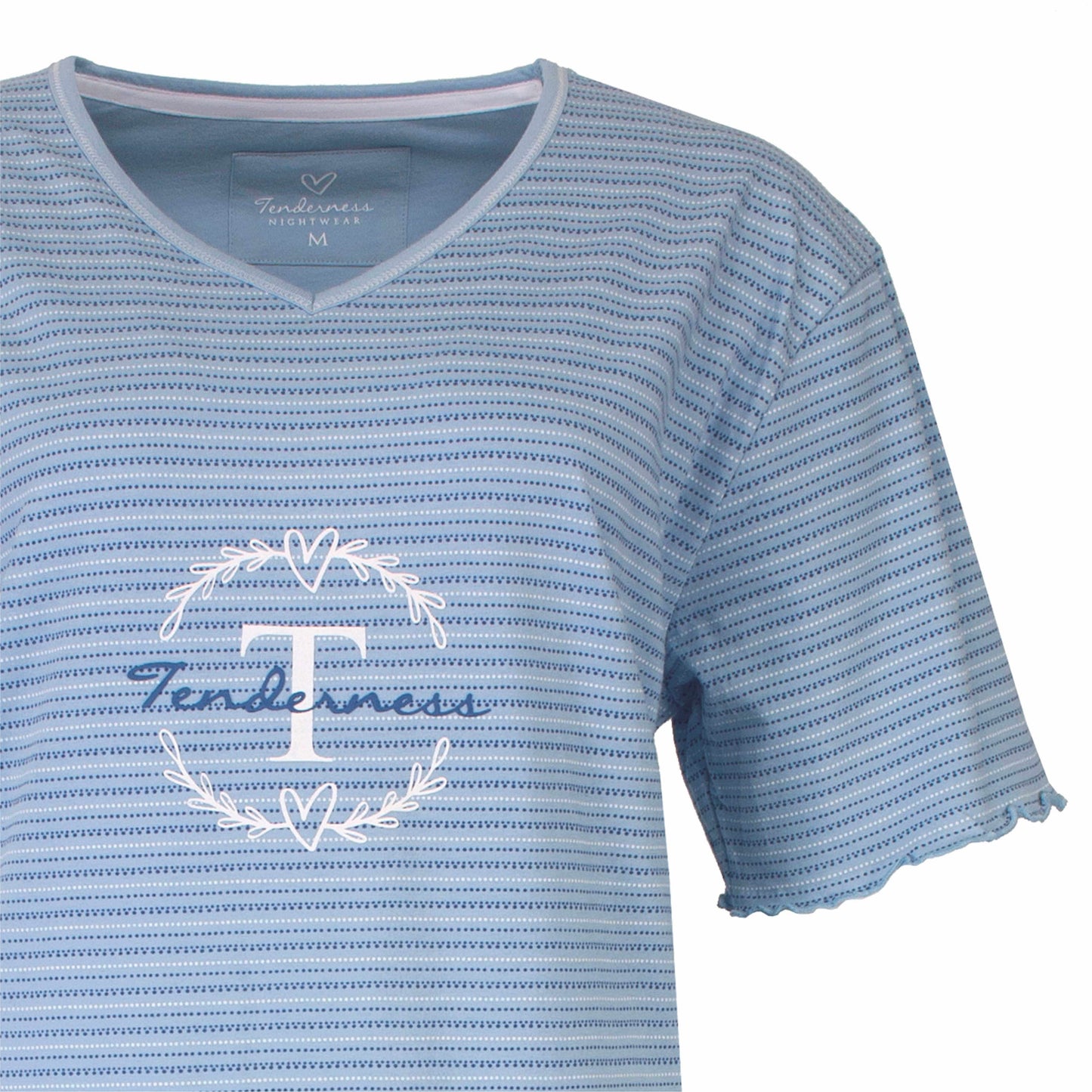 Lichtblauw gestreept dames nachthemd met Tenderness logo, V-hals en korte mouwen met golfrand