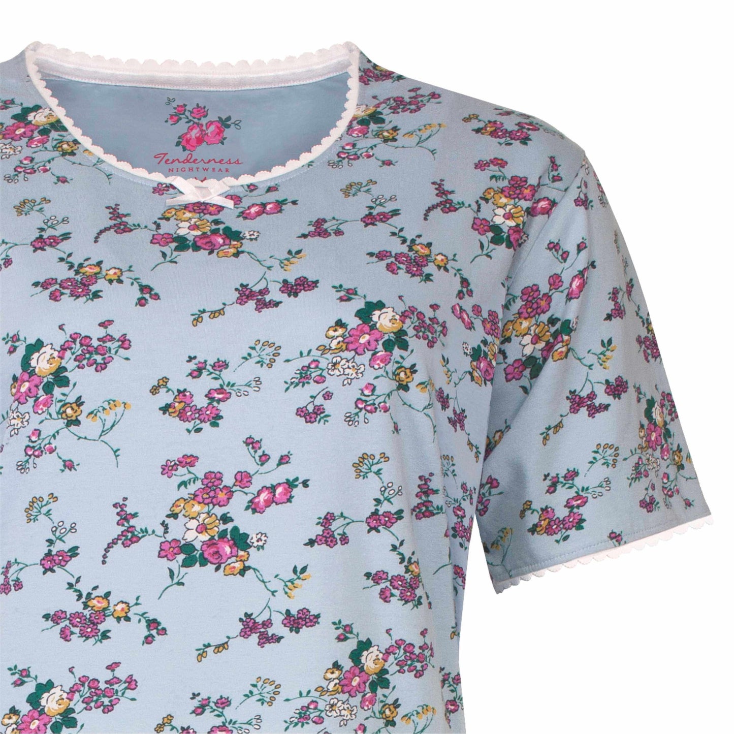 Mint blauw nachthemd met korte mouwen en kleurrijk bloemenpatroon, witte kanten afwerking aan de hals