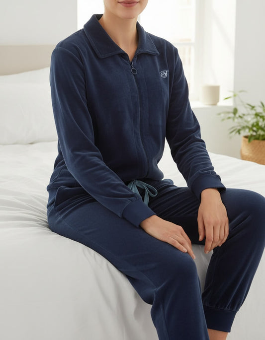 Tenderness dames Huispak - Velours - Lange Mouwen - Blauw - achteraanzicht