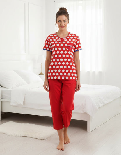 Irresistible Dames Pyjama - 3/4 Broek - Polo Sluiting - Rood
