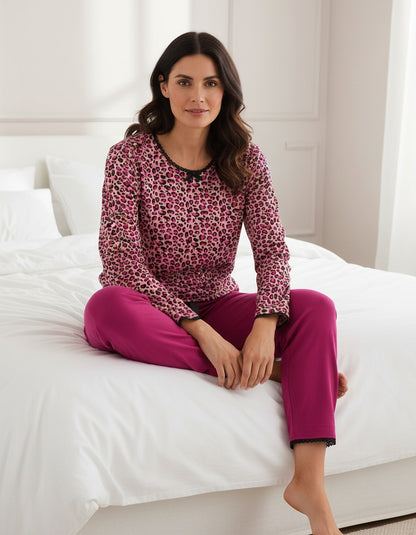 Irresistible Dames Pyjama - Lange Mouwen - Top met panterprint - Katoen - Roze