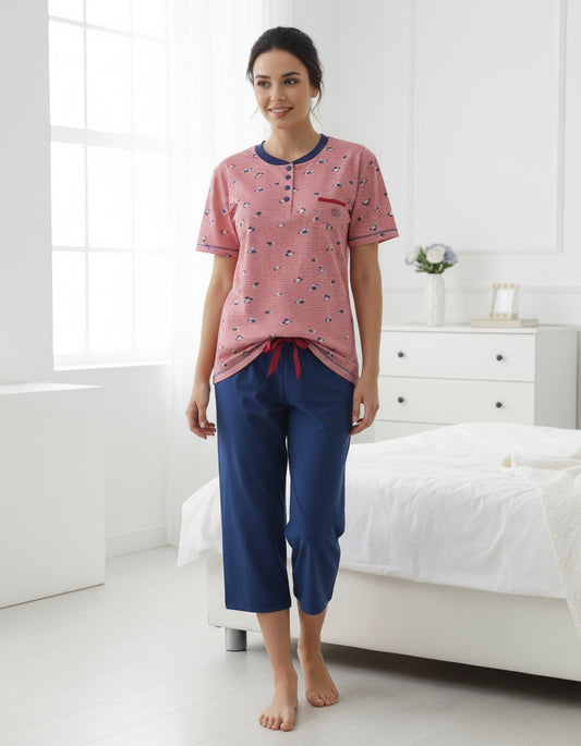 Irresistible Dames Pyjama - 3/4 Broek- Korte Mouwen  - Witte Strepen - Blauw