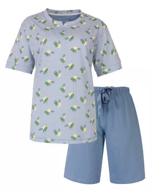 Irresistible Dames Shortama - Ananas Print - Satijnen strik - Blauw