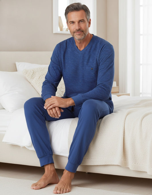 MEQ Heren Pyjama - V-hals - Lange Mouw - Blauw