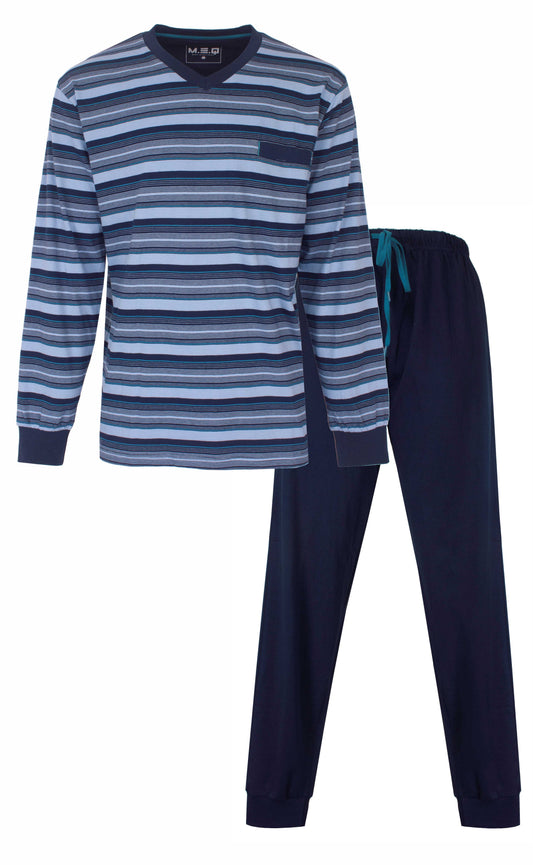 MEQ Heren Pyjama - V hals - Zijzakken - Gestreept - Blauw