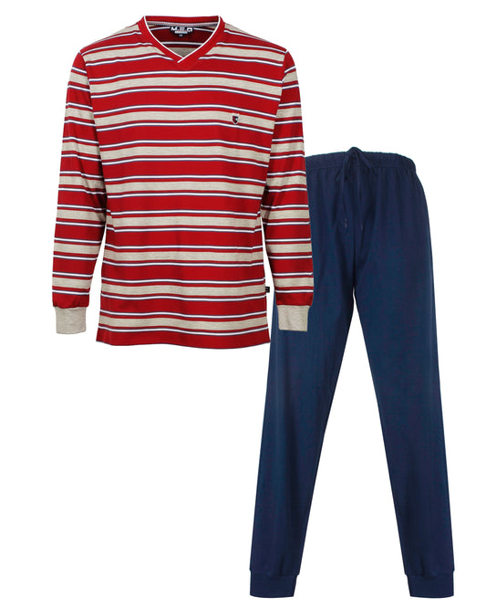 MEQ Heren Pyjama - V- Hals - Gestreept - Lange mouwen - Rood