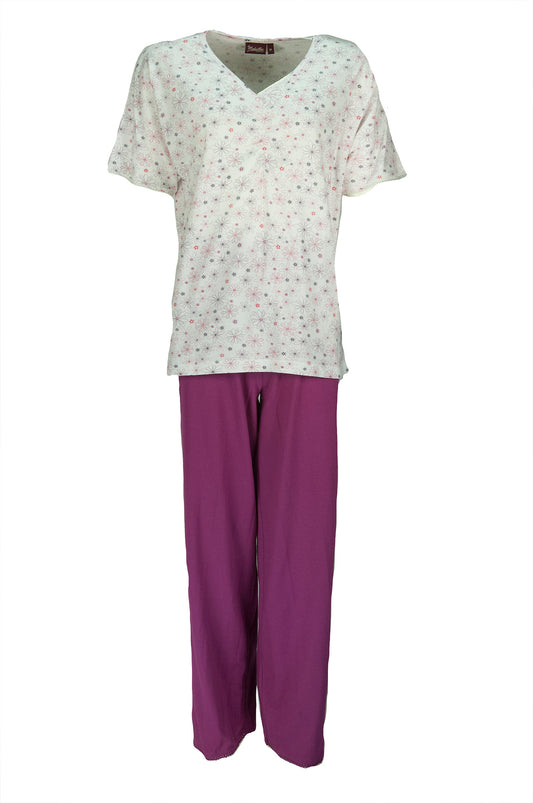 Medaillon Dames Pyjama- Korte Mouwen - Katoen - Bloemenprint - Paars