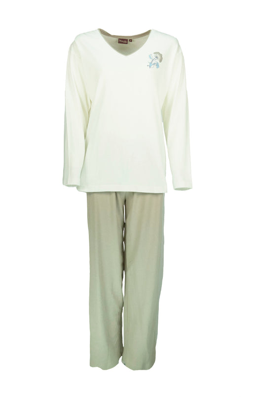 Medaillon Dames Pyjama - V-Hals - Katoen - Beige
