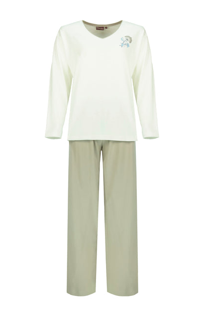 Medaillon Dames Pyjama - V-Hals - Katoen - Beige