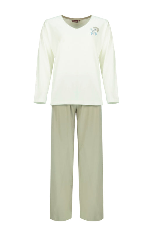 Medaillon Dames Pyjama - V-Hals - Katoen - Beige