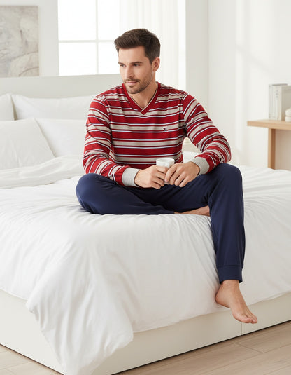 MEQ Heren Pyjama - V- Hals - Gestreept - Lange mouwen - Rood