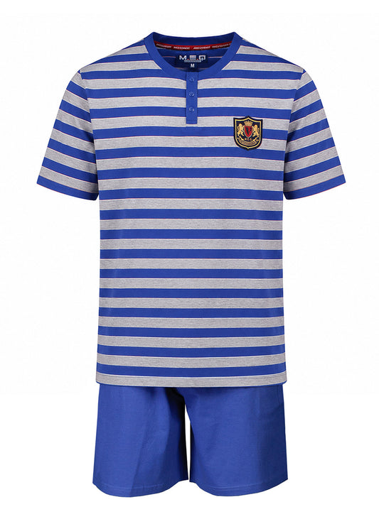 MEQ Heren Shortama - Pyjama Set - Katoen - Gestreept - Blauw