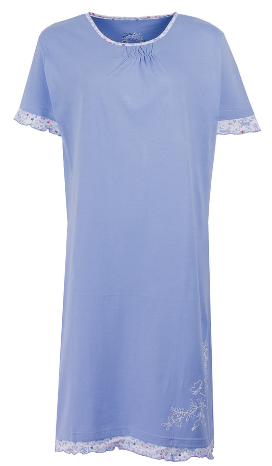 Medaillon Dames Nachthemd - 100% Gekamde Katoen - Licht Blauw
