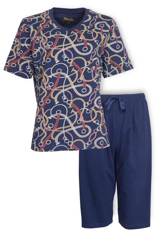 Medaillon Dames Pyjama-3/4 Broek - Korte Mouwen - 100% Katoen - Blauw