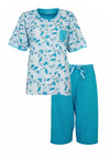Medaillon Dames Pyjama-3/4 Broek- Korte Mouwen - Katoen - Bloemenprint - Turquoise