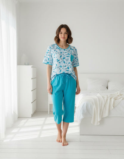 Medaillon Dames Pyjama-3/4 Broek- Korte Mouwen - Katoen - Bloemenprint - Turquoise