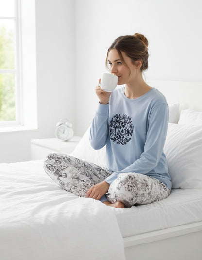 Medaillon Dames Pyjama - Rozen Cirkelprint - Katoen - Licht Blauw