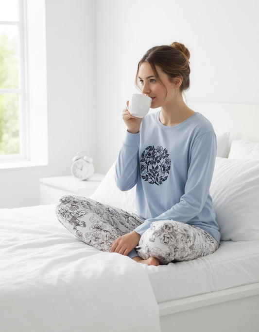 Medaillon Dames Pyjama - Rozen Cirkelprint - Katoen - Licht Blauw