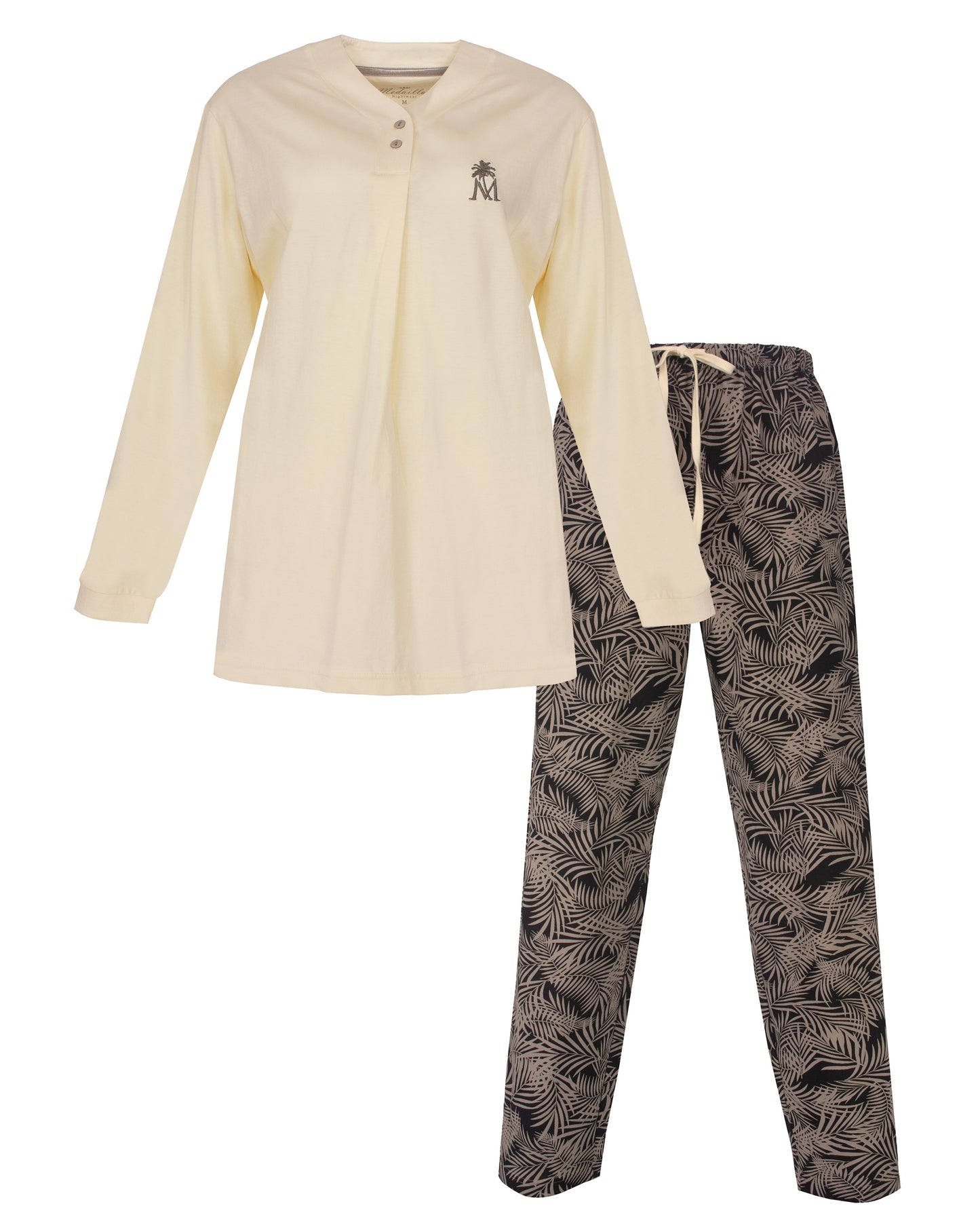 Medaillon Dames Pyjama - Lange Mouwen - Knoopsluiting - Lichtgeel