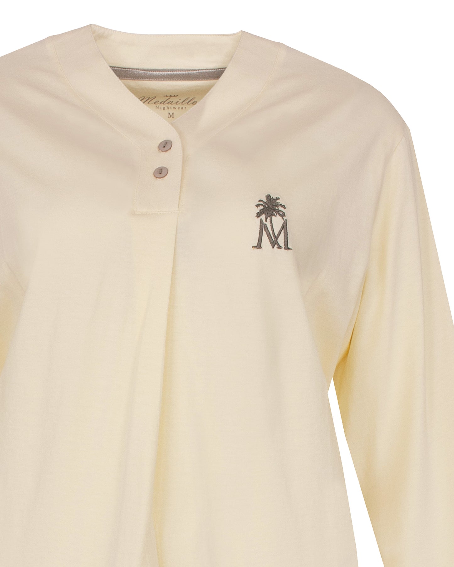 Medaillon Dames Pyjama - Lange Mouwen - Knoopsluiting - Lichtgeel