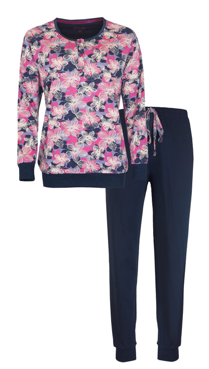 Medaillon Dames Pyjama - Polo Sluiting - Katoen - Diep Blauw