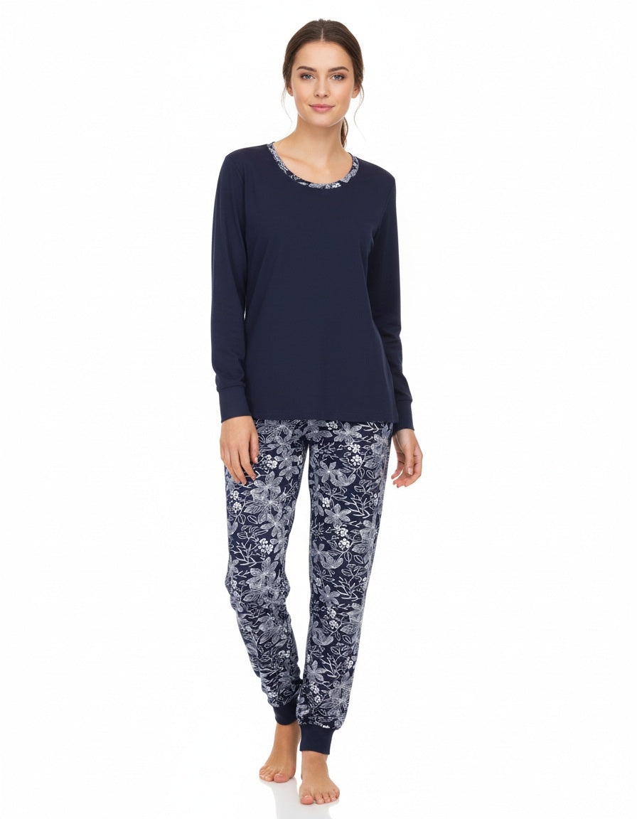 Medaillon Dames Pyjama - Bladermotief - Donker Blauw