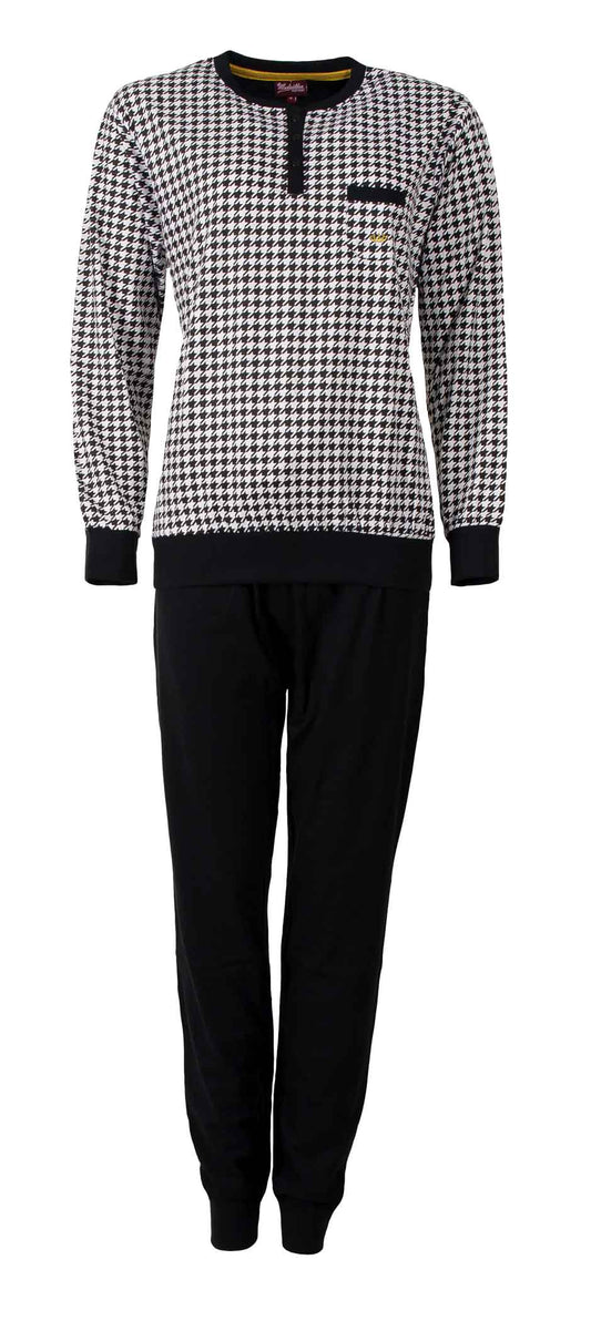 Medaillon Dames Pyjama - Polo Sluiting - Katoen - Lange Mouwen -Zwart