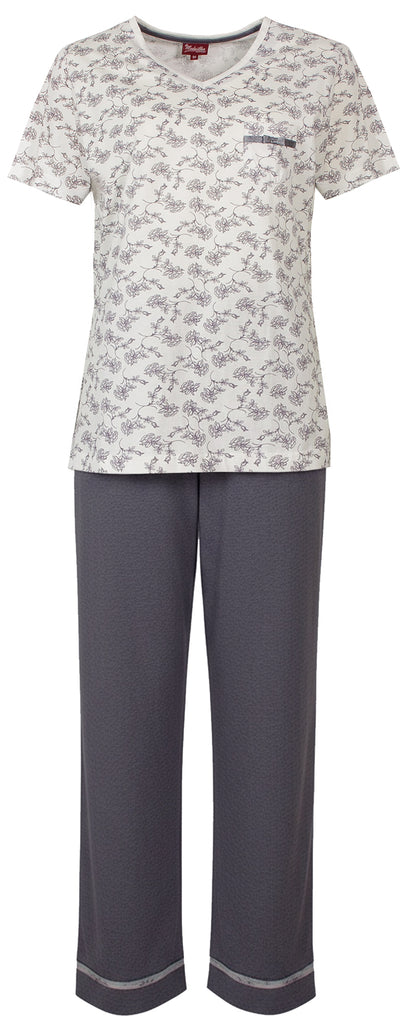 Medaillon Dames Pyjama - Katoen - V Hals - Grijs