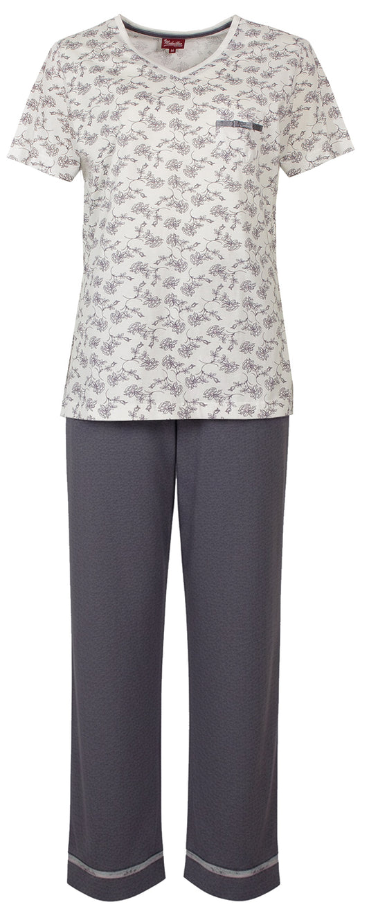 Medaillon Dames Pyjama - Katoen - V Hals - Grijs