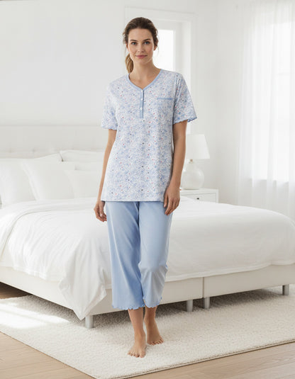 Medaillon Dames Pyjama - 100% Katoen - Licht Blauw