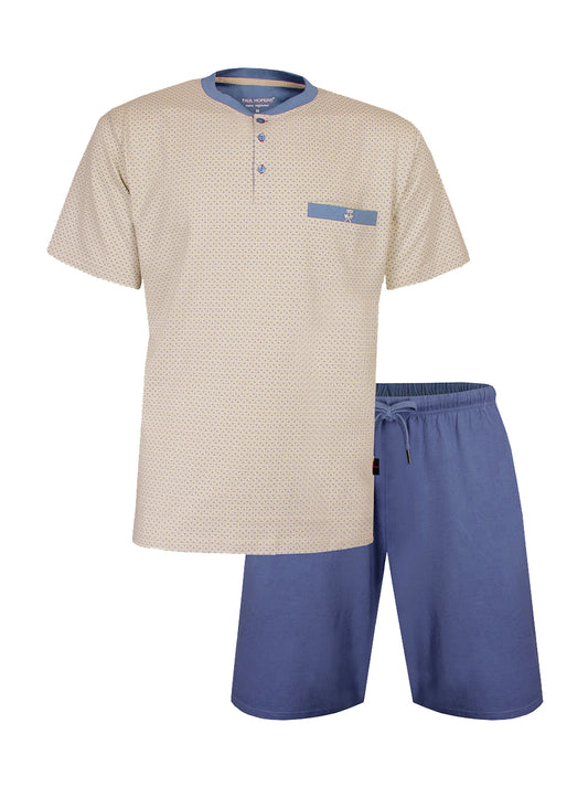 Paul Hopkins Heren Shortama - Pyjama Set - Beige/Blauw